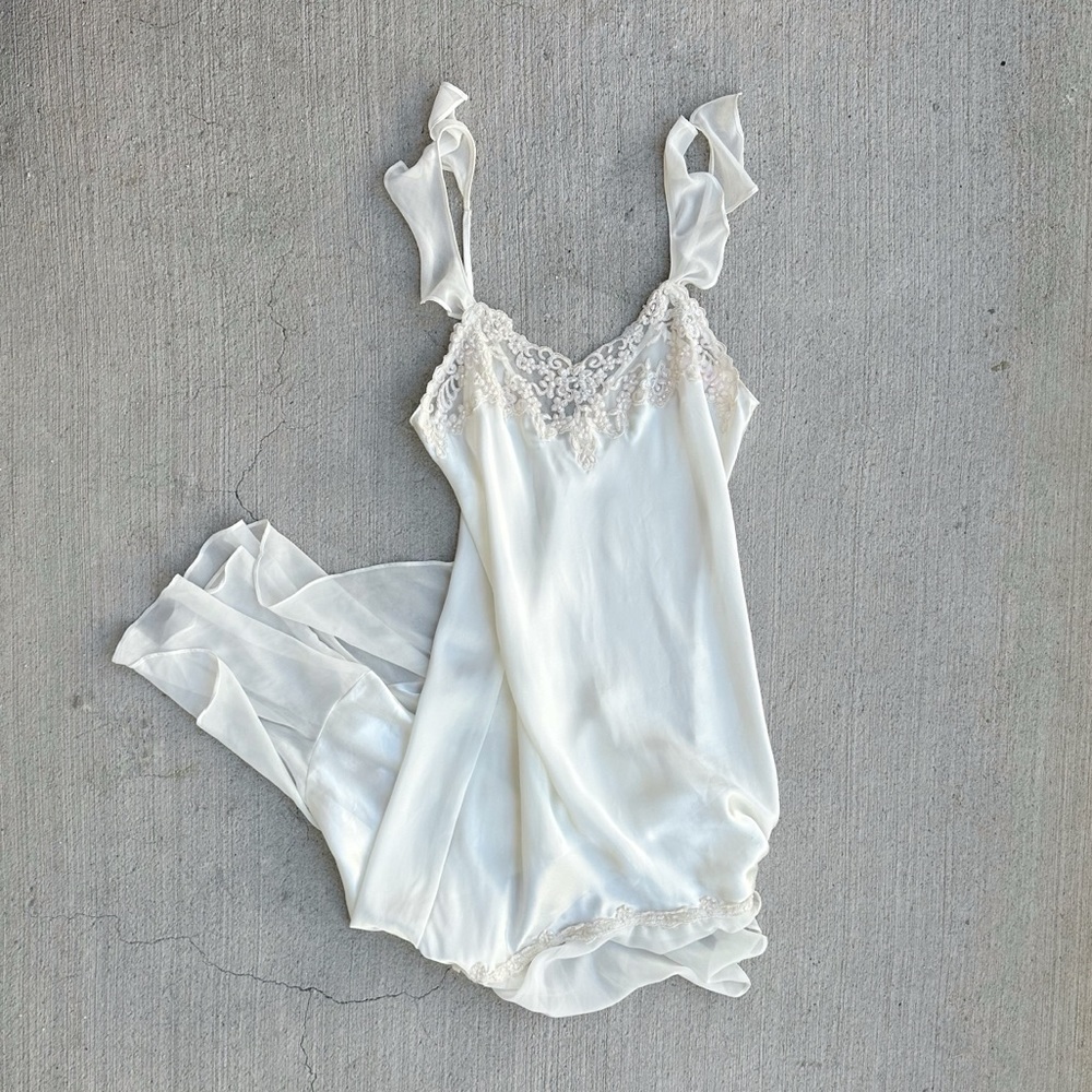 vintage white satin and lace beaded midi dress